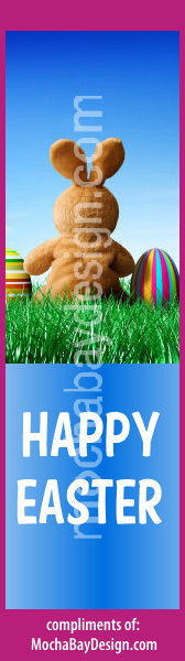 print Easter bookmark: adorable bunny, grass and eggs, blue sky