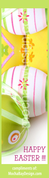 print Easter bookmark: spring green and yellow colors and pink designer eggs with ribbon