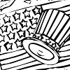 printable 4th of July kids coloring page with a US flag, patriotic hat and firecrackers galore