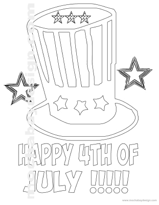 free printable kids 4th of July coloring page with big hat and stars