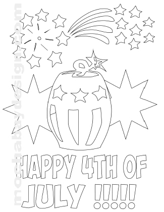 free coloring printable Firecracker barrel, starbursts and text of Happy 4th of July