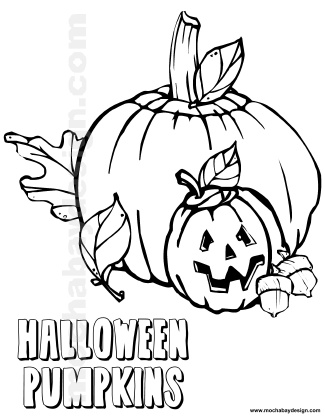 view and print Pumpkins with leaves and acorns Halloween kids coloring page