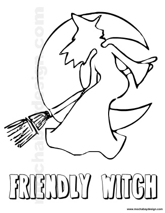 view and print Friendly Witch on broom Halloween kids coloring page