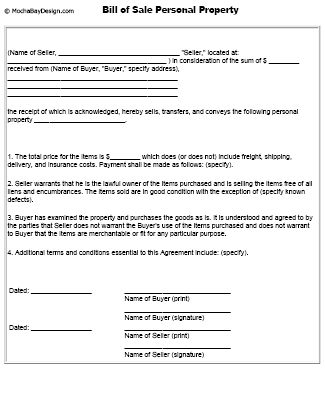 Bill of Sale Personal Propert form click to open .pdf and print