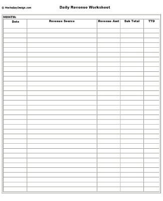 Daily Income Worksheet for online revenue tracking
