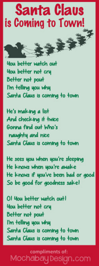 Print Santa Claus is Coming to Town Christmas Song Lyrics Bookmark