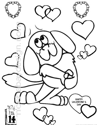 print kids Valentines coloring page of Dog and Hearts